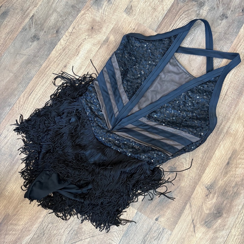 Elegant Black Sequin Fringe Leotard